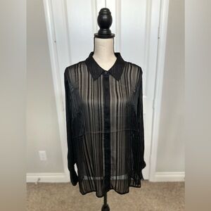 Express Relaxed Portofino Button-Up Long Sleeve Blouse Sheer Black V-Neck